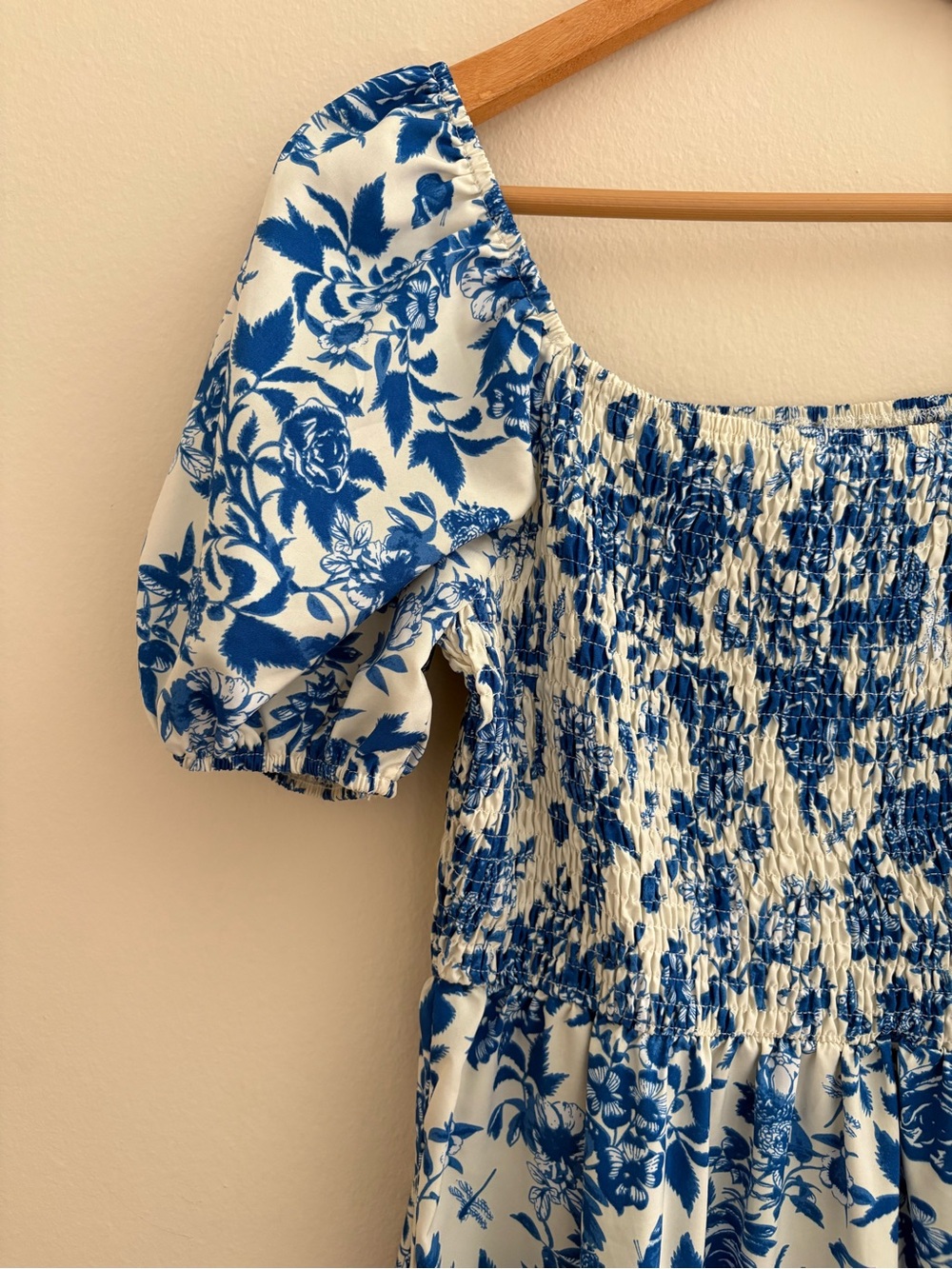 Blue Floral Smocked Puff-Sleeve Dress